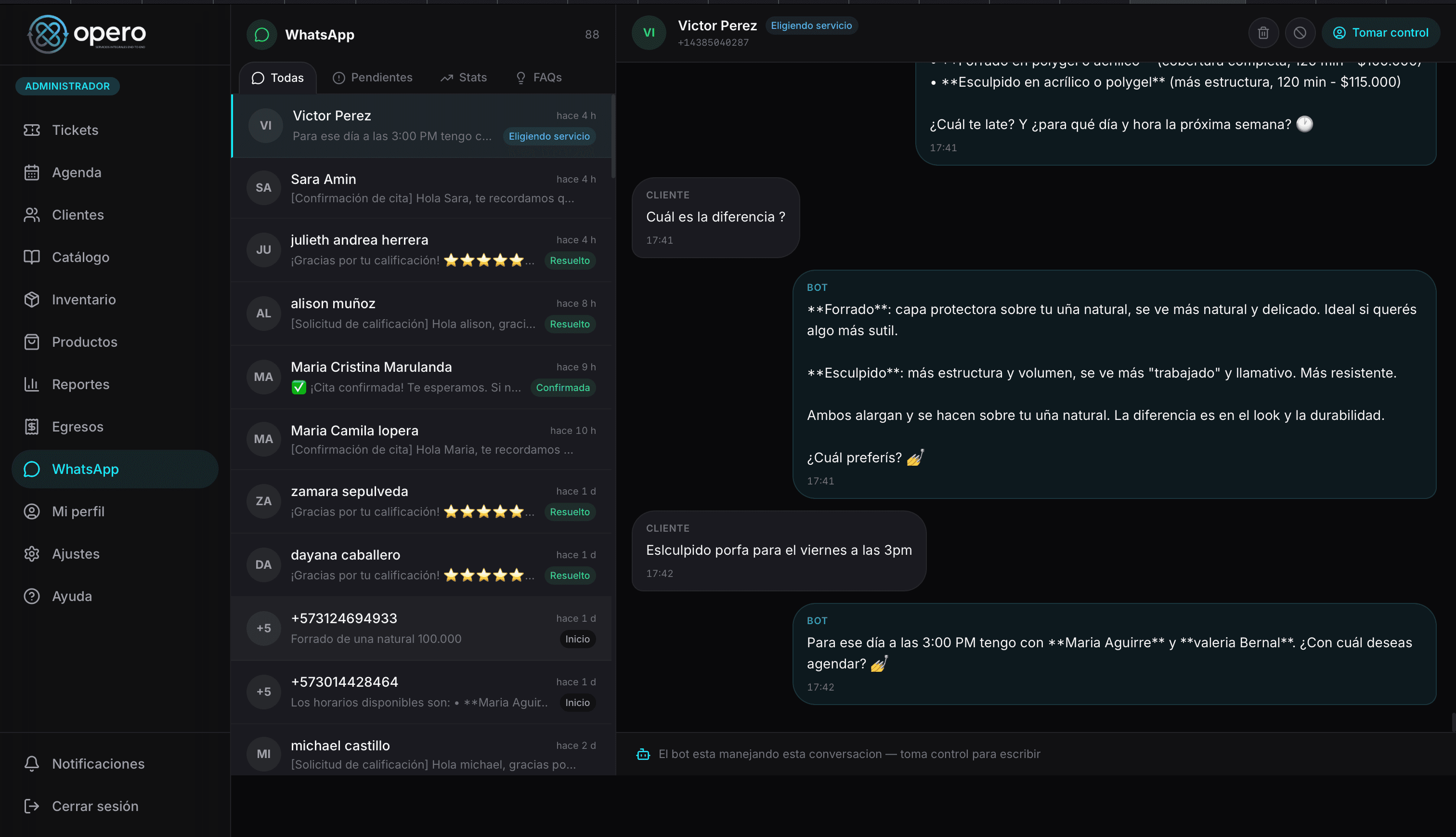 Bot de WhatsApp de Opero agendando citas automáticamente