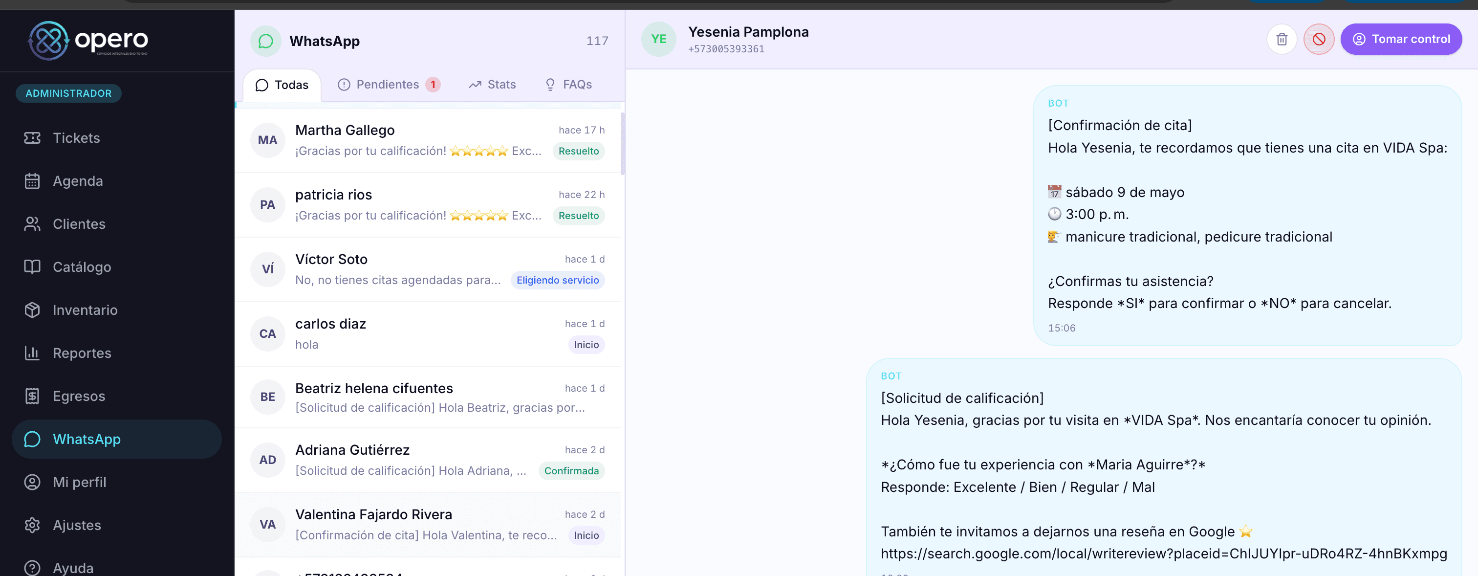 Bot de WhatsApp de Opero agendando citas automáticamente